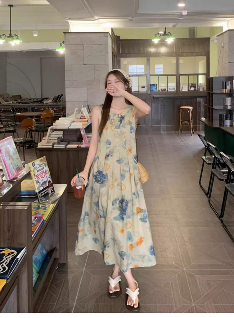 Ink painting vest dress niche design sense spring and summer new retro literary temperament new national style long dress
