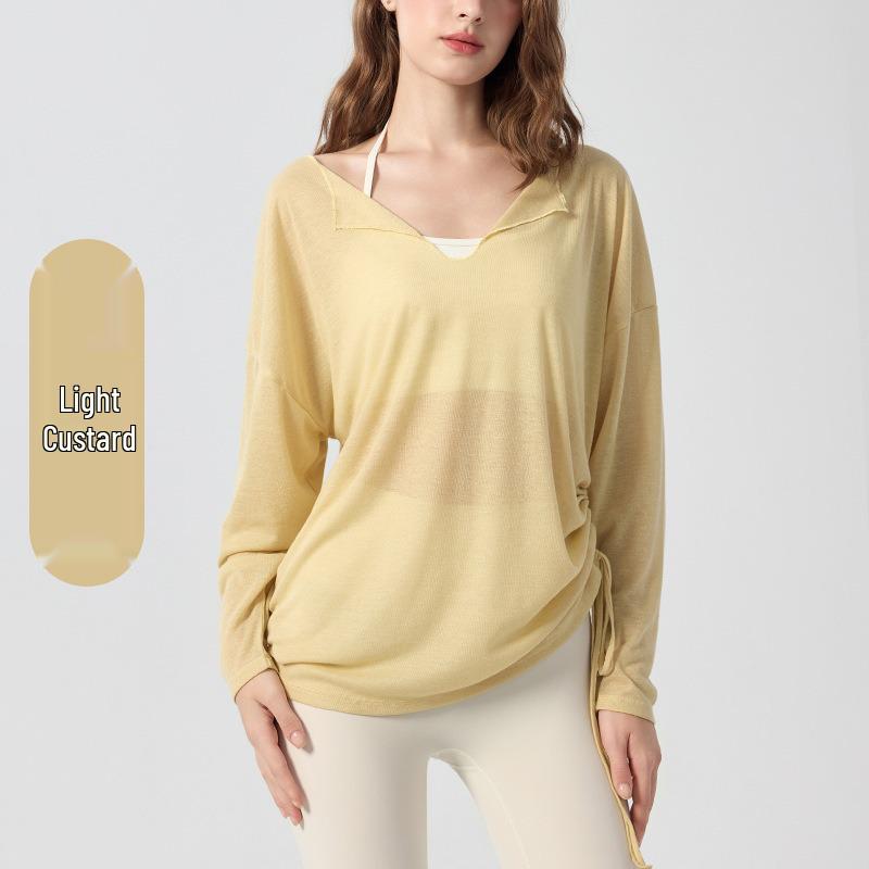 Women's Korean Style Long Sleeve V-neck Yoga Top - Loose, Breathable, Casual Sportswear