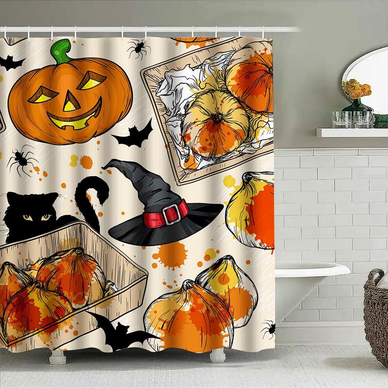 

Tuniu Spooky Halloween Pumpkin Bat Watercolor Shower Curtain Cute Autumn Decor For Bathroom Kids Boys Girls W60H190(CM)-1 Pcs