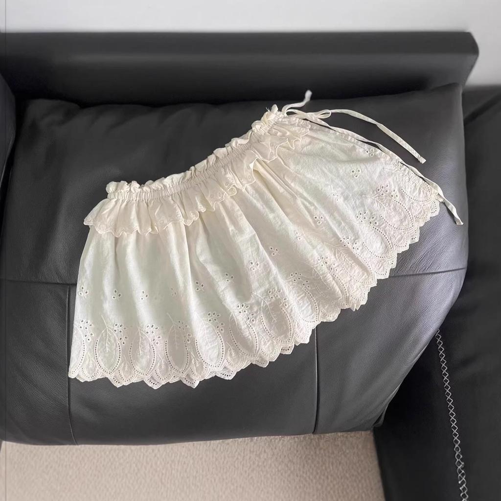 Women's Casual Versatile Sweet Side Tie Layered Cotton Skirt with Embroidered Apron