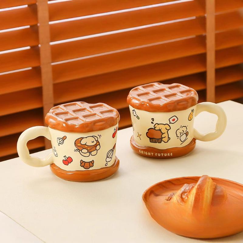 Waffle Cup Creative High Looking Cute Puppy Birthday Gift Souvenir Mug with Lid Ceramic Water Cup