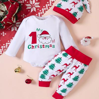 Baby Langarm Body Rentier & Baum Druck Hose mit Hut Outfit Set für Weihnachten