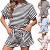 Ladies' Casual Round Neck Pullover Short Sleeved Drawstring Shorts Striped Set