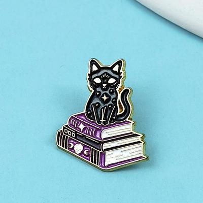 Halloween Black Cat & Purple Book Brooch for Kids - Festival Metal Badge Accessory