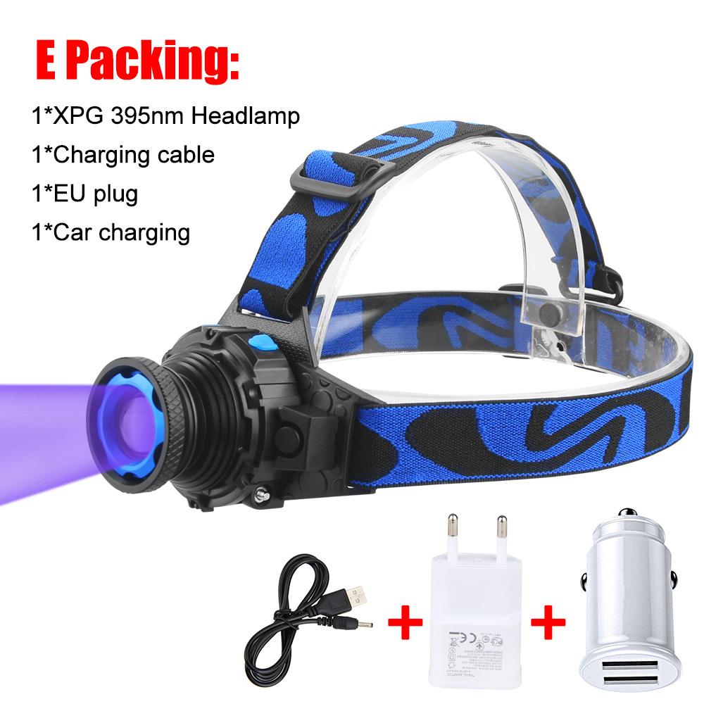 395nm UV Headlamp Ultraviolet Zoomable Headlight USB Rechargeable Purple Torch Catch Scorption Hunting Light Pet Urine Detector