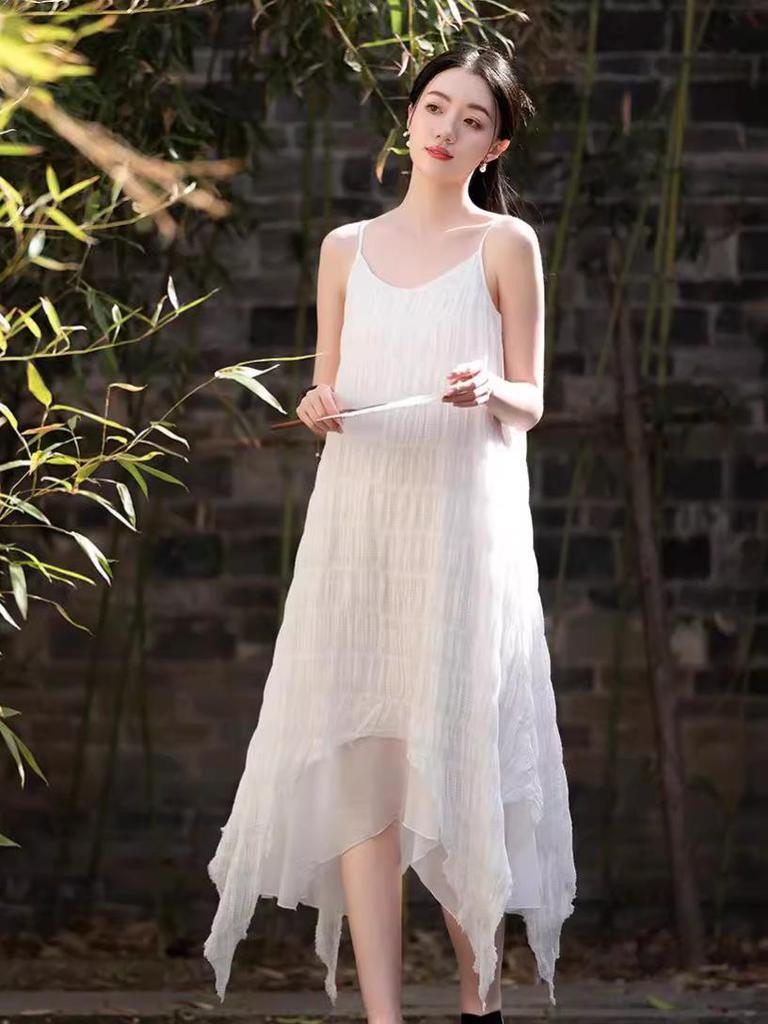 Handmade Plant-Dyed Crinkled Jacquard Irregular Maxi Dress for Women - Fairy-like, Slimming Camisole, Perfect for Summer Travel Photography