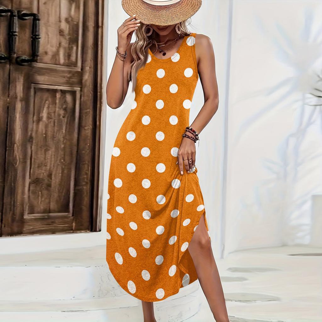 Damen ärmelloses lässiges Maxikleid lockere Passform lang mit Polkapunktdruck Sommerkleid seitlicher Schlitz leichtes bequemes Kleid