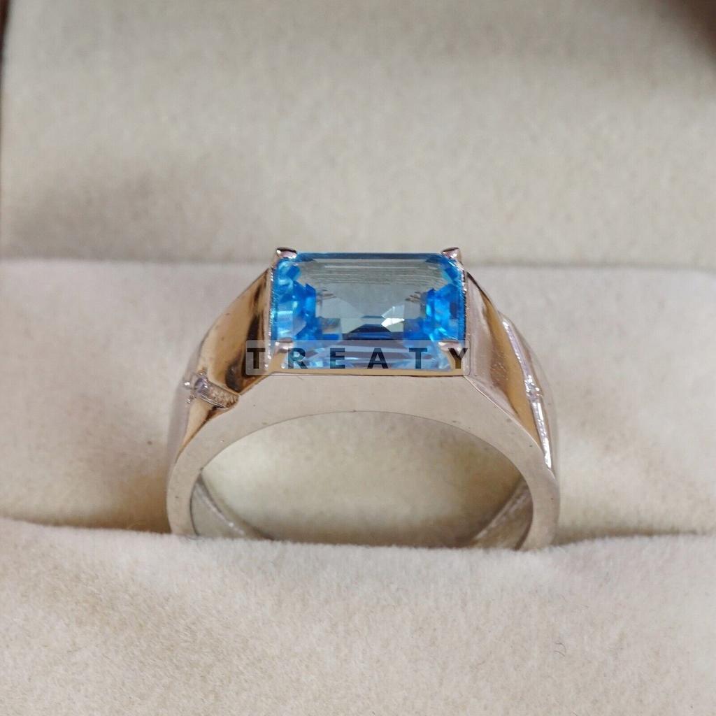 Blue Topaz Emerald Cut Gemstone With 925 Sterling Silver Ring For Men's #B740 JL375692829771