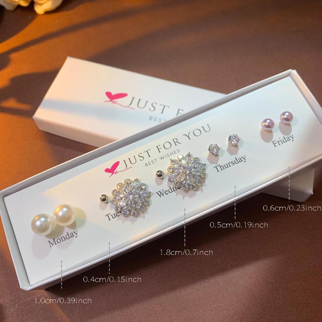 Weekly Earring Set: Flower Zircon Studs, Simple Ear Cuffs, Pearl Tassel French Earrings - 5 Pairs