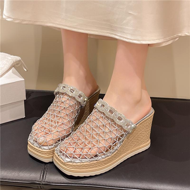 New Hollow-out Breathable Rhinestone Mesh Yarn Baotou Half Slippers Women's Summer Wear Platform Platform Fishing Net Shoes
