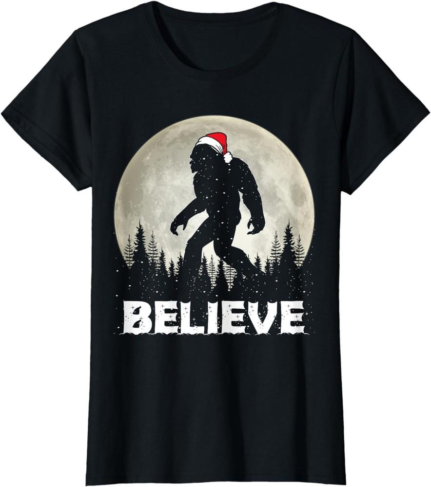 Santa Hat Bigfoot Believe Christmas Lights Rock Gift Ladies  Crewneck T-Shirt Unisex T-Shirt L