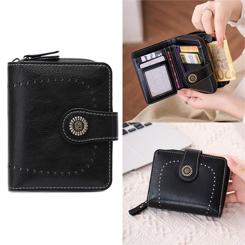 Portefeuille Vintage en Cuir Huilé-Ciré pour Femme - Porte-Cartes Mode 2025 avec Texture Niche, Porte-Monnaie Grande Capacité, Style Européen & Américain