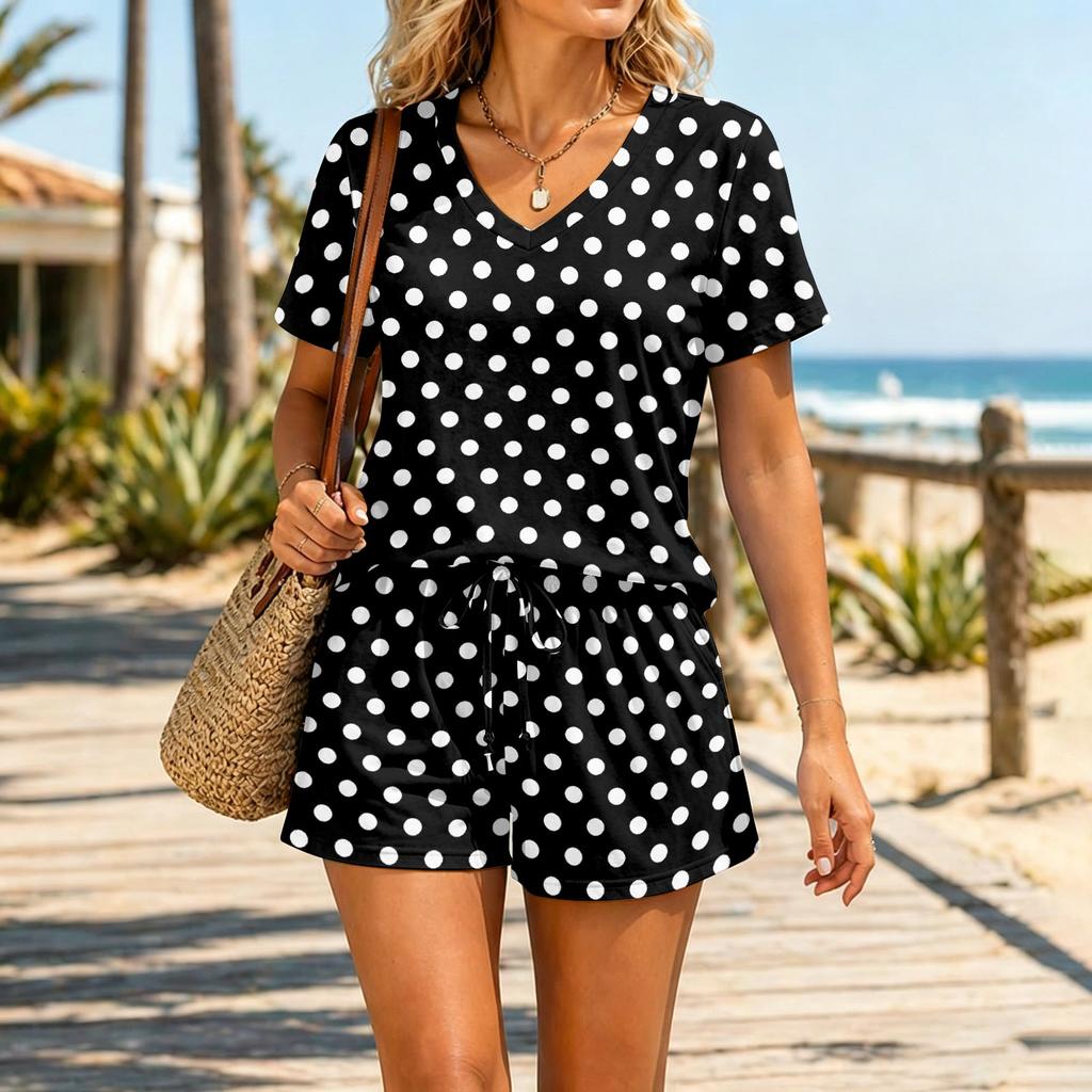 Women Fashion Casual V Neck Printed Two Piece Set Short Sleeve Top and Drawstring Shorts for Daily Wear Summer Outfit