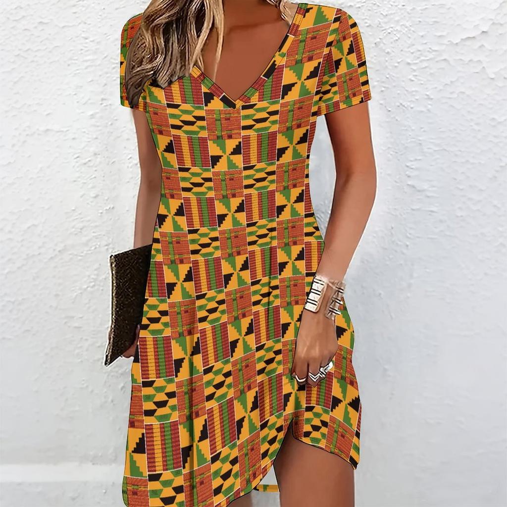 Summer Fashion Women's V Neck Short Sleeve Geometric Pattern Printed Dress Sex Short Skirt Dresses