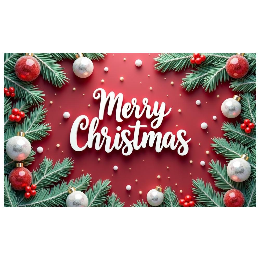 Festive Display Glossy Baubles Christmas Display Merry Christmas Banner Green Foliage Xmas Backdrop For Christmas Party Office