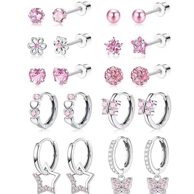 

10 Pairs Hypoallergenic Screw Earrings Set For Women Girls Surgical Steel Earrings Rainbow Star Butterfly Cartilage Earrings рожевий