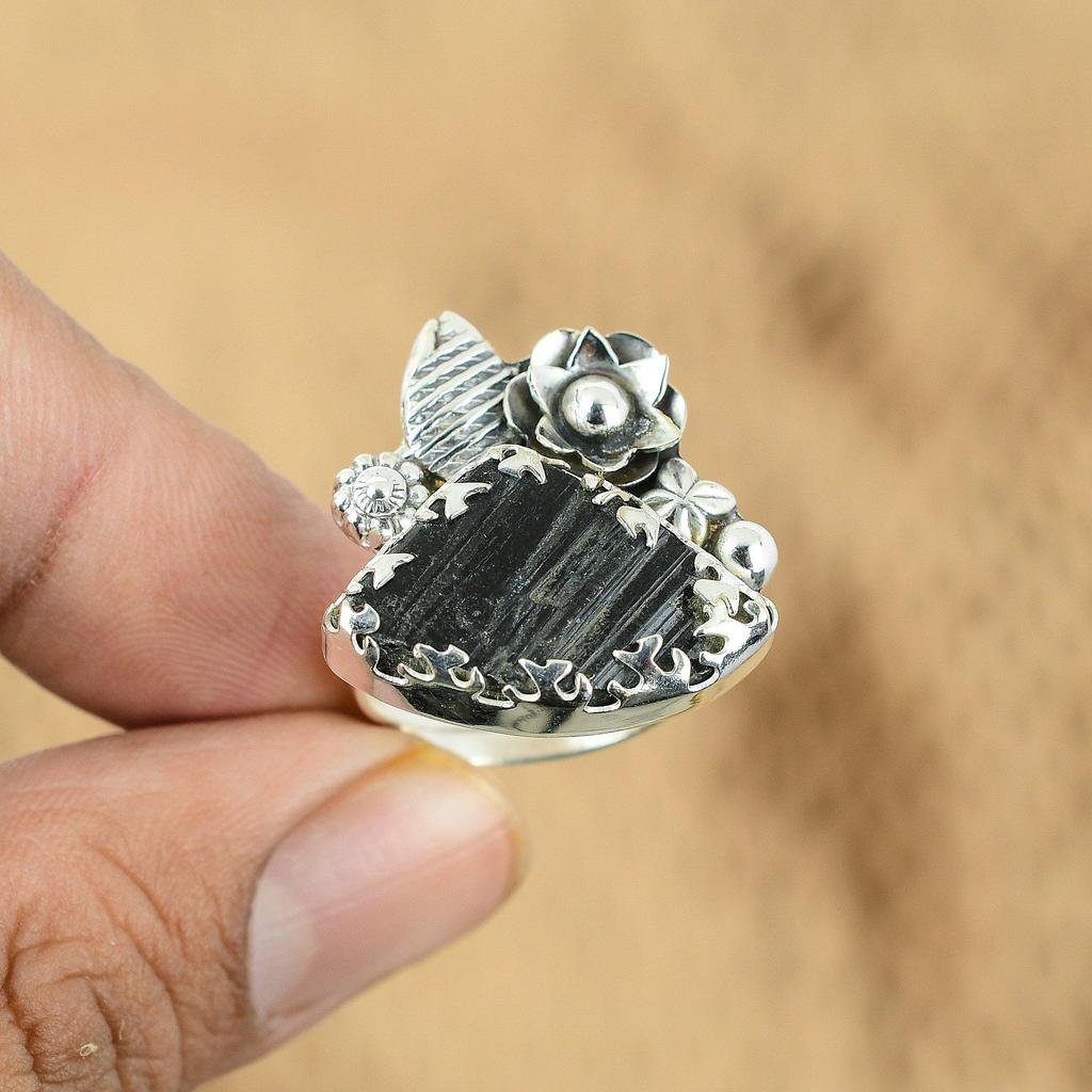 Trillion Black Tourmaline Rough Stone Boho Flower Promise Ring Sterling Silver