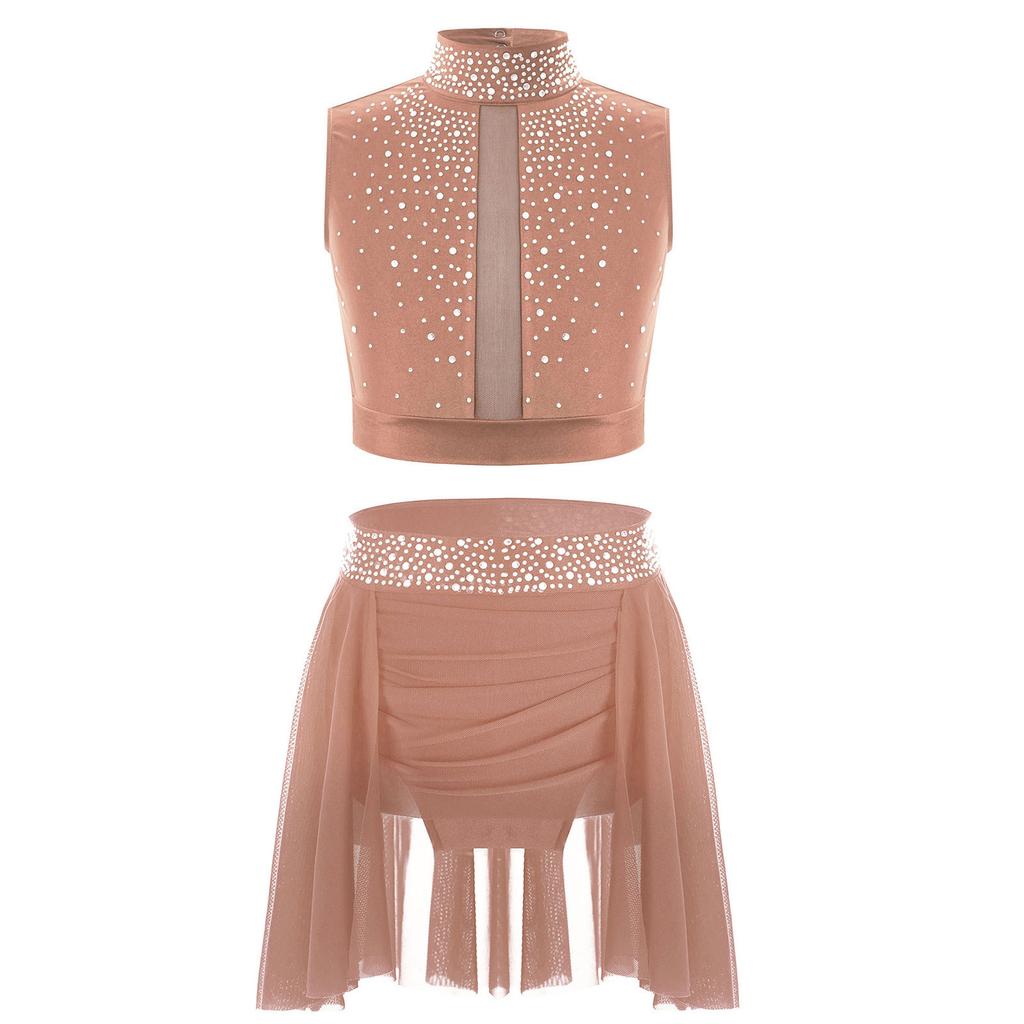 Dívčí taneční vystoupení outfit falešný rolák bez rukávů klíčová dírka na zádech lesklé kamínky crop top sukně