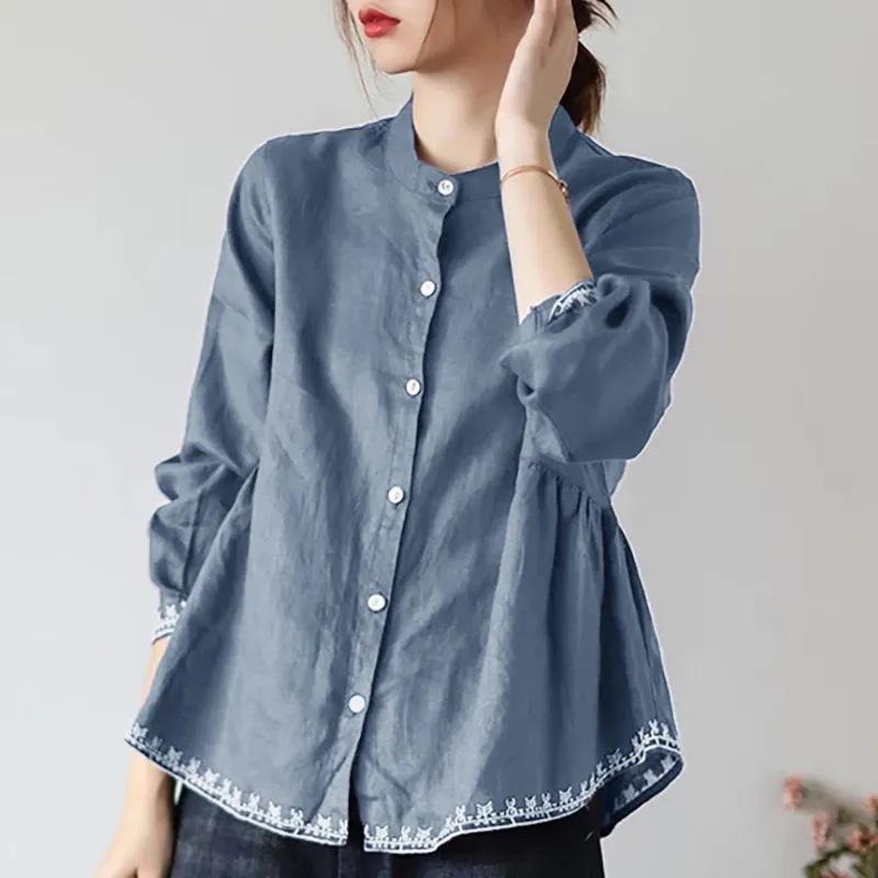 Summer Stand-up Collar Shirt Women's Cotton and Linen Long-sleeved Doll Shirt A-line Loose Belly-covering Blouse Plus Size Women's Clothing