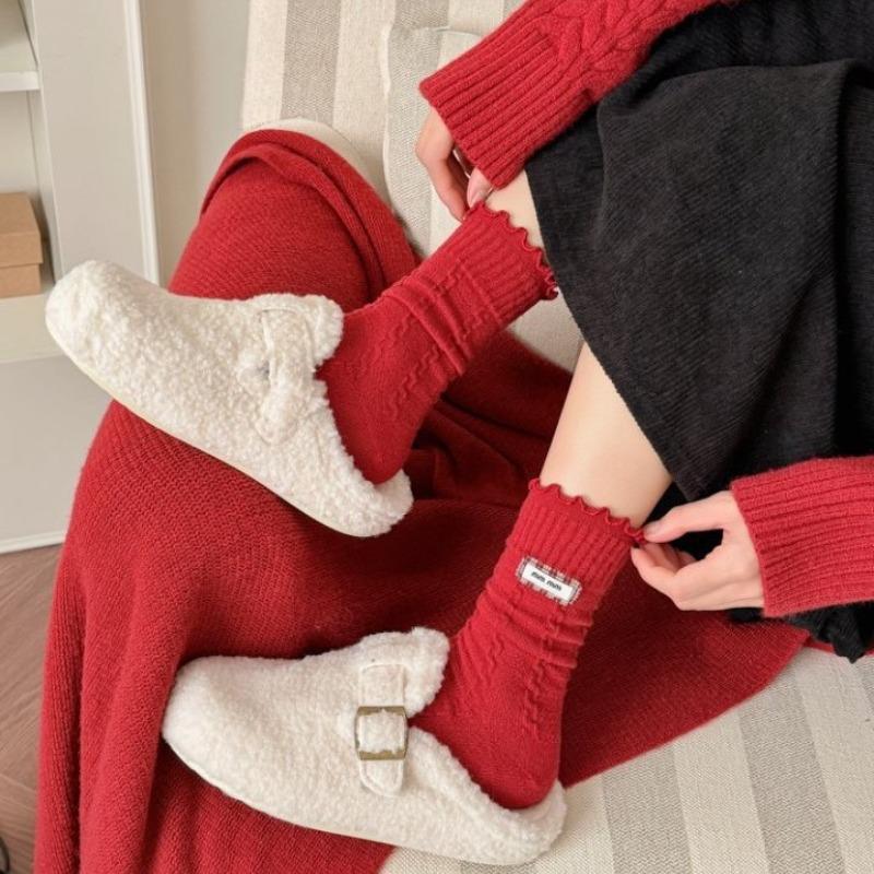 Wool Socks - Children's Autumn and Winter Red Thick and Warm Sleeping Socks, New Year Floor Stockings