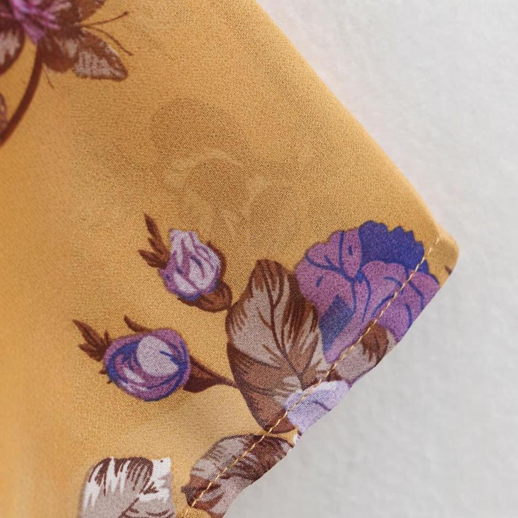 Spring 2025 European & American Style Women's Chiffon Print Waist-Gathering Sling Dress