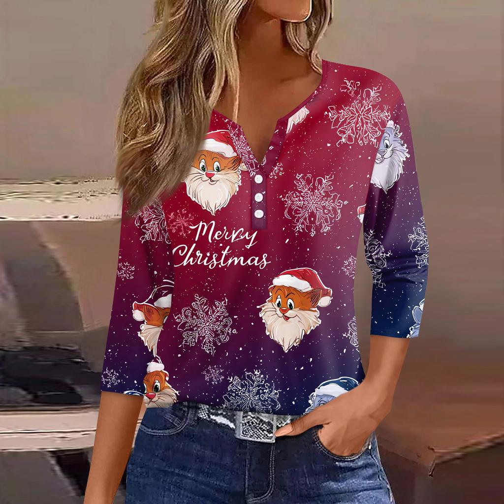 Women's T Shirt Tee Christmas Printed Button 3/4 Sleeve Tunic Daily Weekend Fashion Basic V- Neck Regular Top