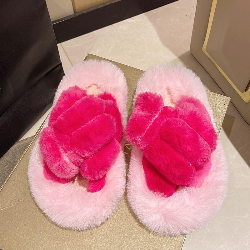 

Cute pink fluffy slippers women s autumn new thick-bottomed home lazy outer wear casual one-word cotton slippers 41 красный