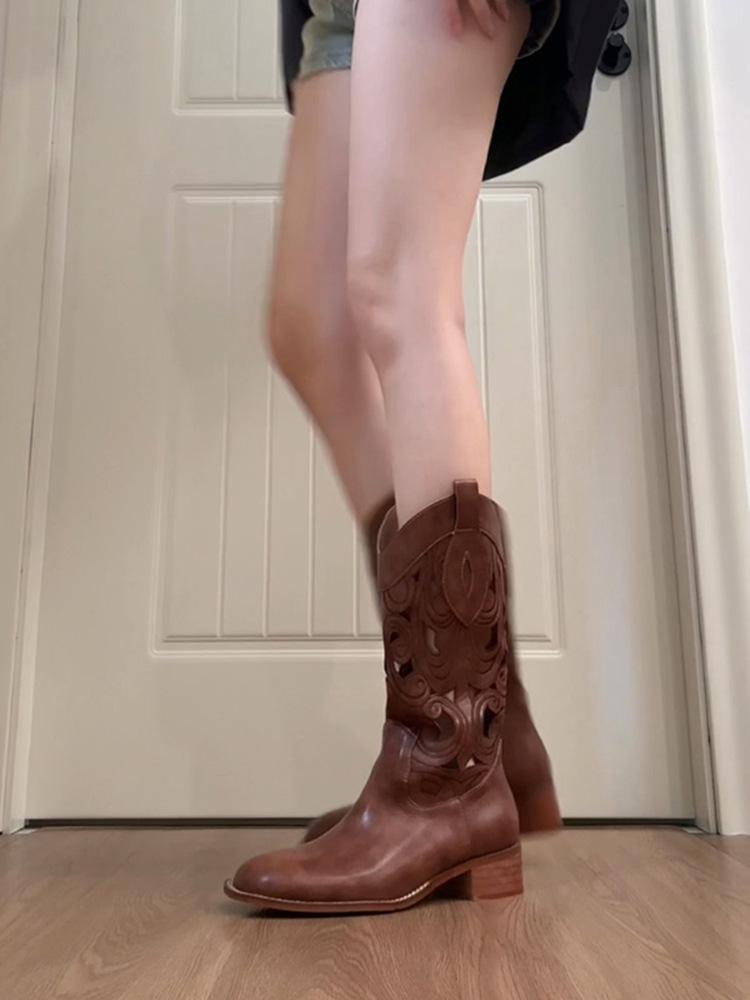 

Вышитые Коричневые Винтажные Ковбойские Сапоги в Западном Стиле Летние Полые Сапоги Рыцаря Сапоги Средней Высоты Сапоги Мартин 42 коричневый