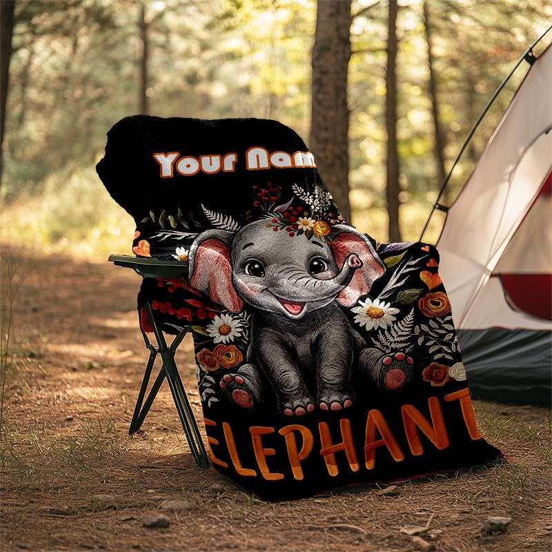 1PC Custom Name Elephant Artwork flannel blanket versatile,all-season throw suitable for the living room,bedroom,camping,travel,and gift