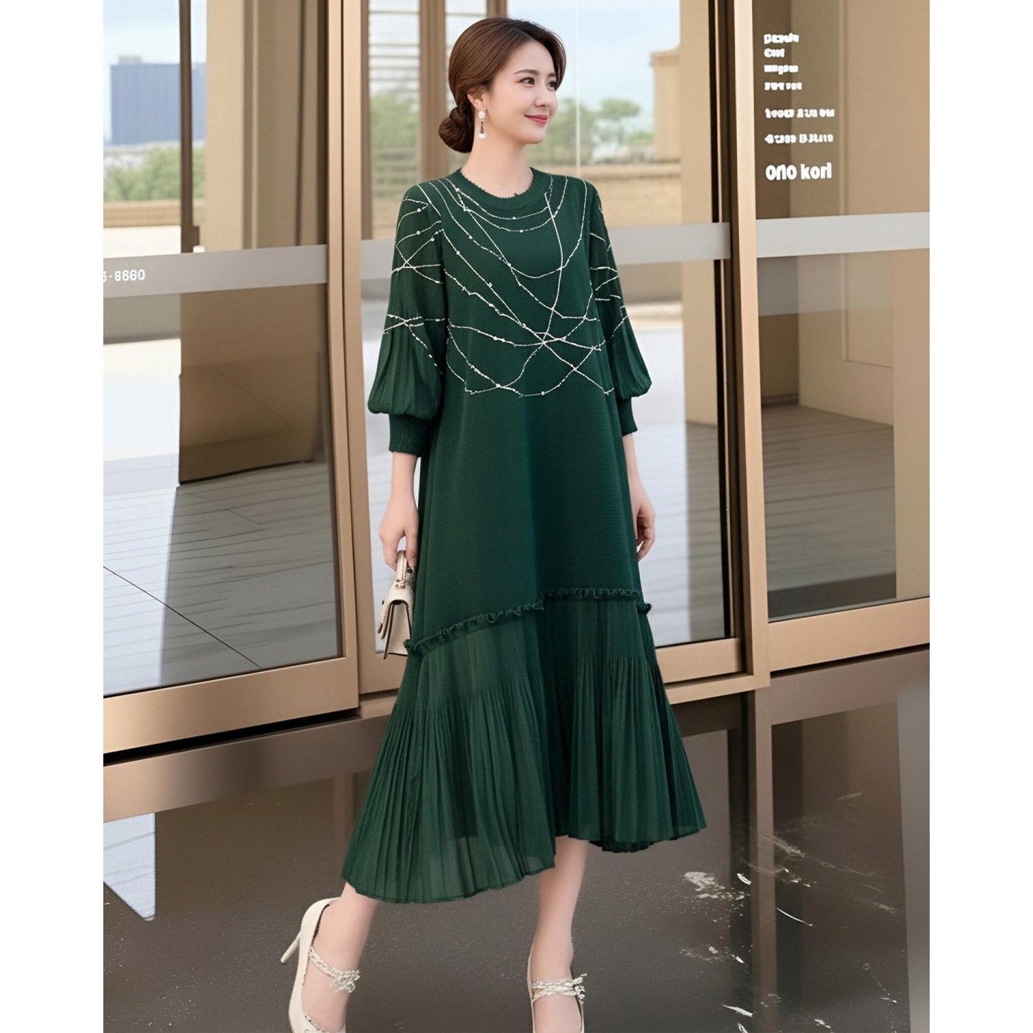 Шикарное зеленое плиссированное платье - Коллекция Весна 2026, Свободный крой, Большой размер, Омолаживающая юбка для женщин One Size темно-зеленого