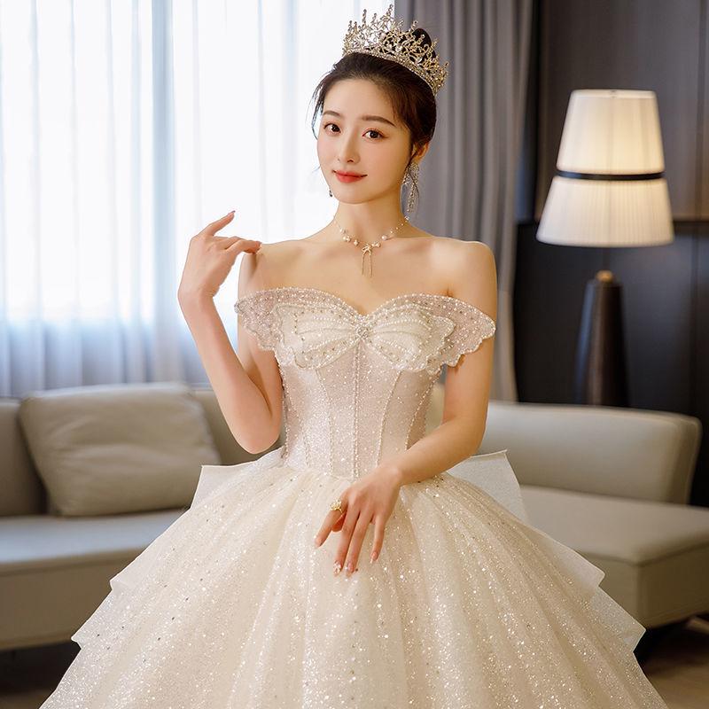 Rochie de Mireasă Fără Bretele cu Fundă Franțuzească - Rochie de Mireasă Luxoasă Strălucitoare, Rochie de Bal Prințesă din Tul cu Sclipici și Corset