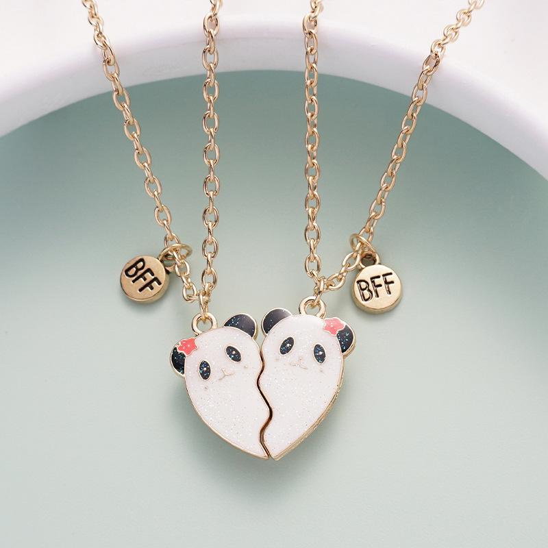 Pink Bear & Panda Friendship Pendant Necklace for Kids - Magnetic Cartoon Splicing Design