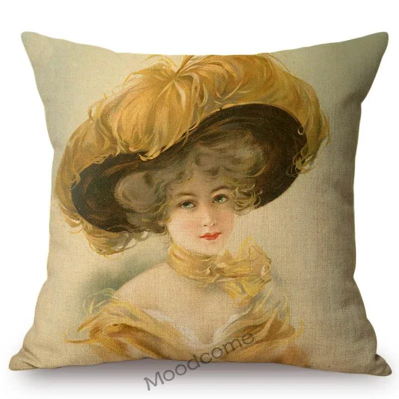 European Royal Court Victorian Era Lady Hat With Flower Elegant Sofa Throw Pillow Cover Classic Vintage Linen Decor Cushion Case