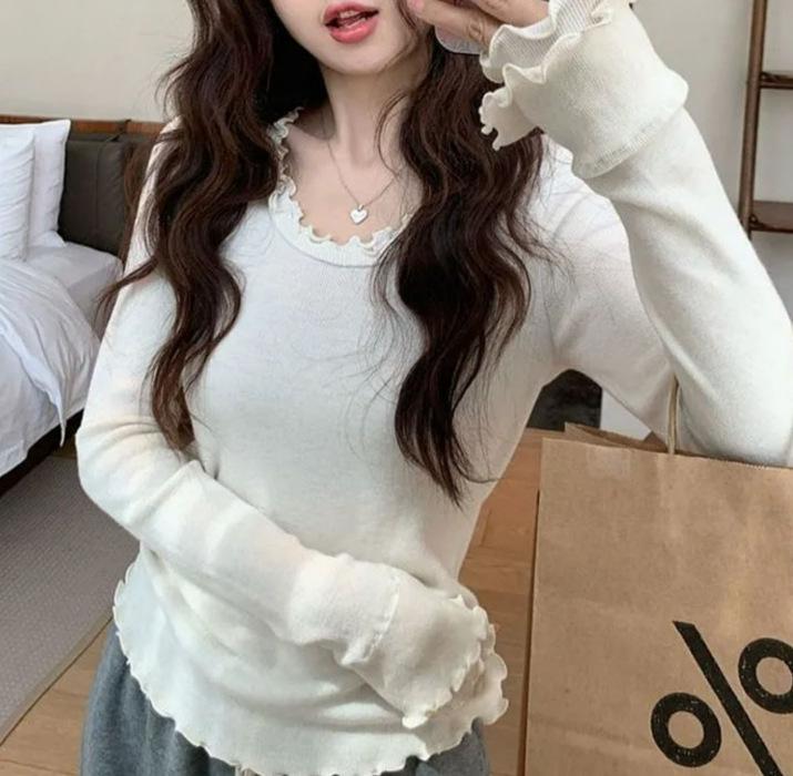 Thermolite Women's Korean Ruffled Long Sleeve Round Neck Slim Fit Base Layer Top (Autumn Trendy)