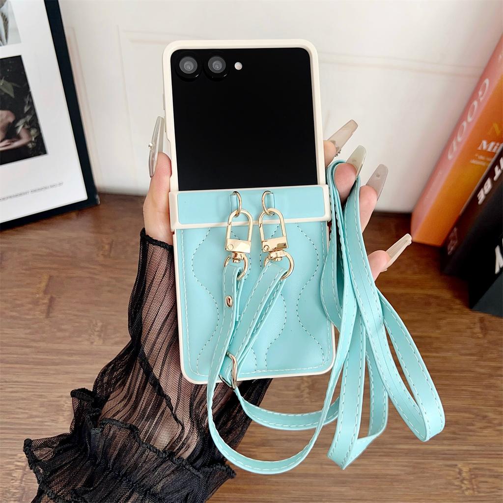 Leather Crossbody Lanyard Rope Phone Case for Samsung Galaxy Z Flip 3 4 5 6 7 Flip7 FE ZFlip7 Flip6 Shockproof Protective Cover