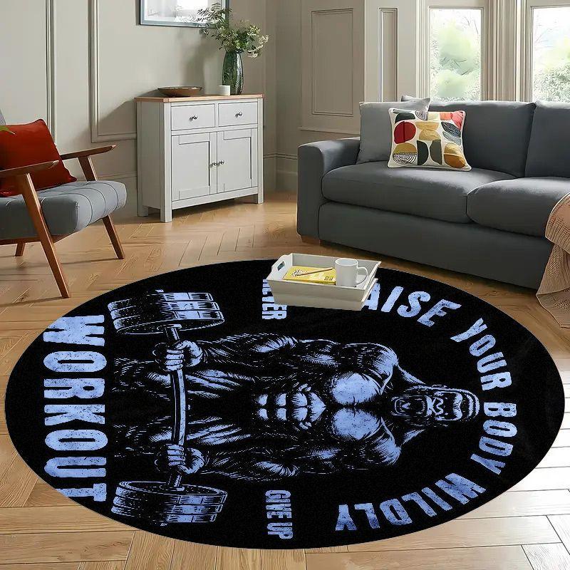 Muscle Man Workout Quote Round Rug Flannel Gym Motivation Floor Mat Home Fitness Zone Bodybuilding Inspiration Black Background