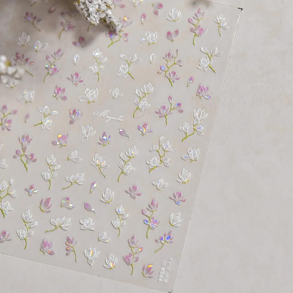 White Flower Gold Leaf Floral Petal Tulip Bloom Charming Retro Metal Soft Self Adhesive 5D Nail Art Sticker Manicure Decal DIY