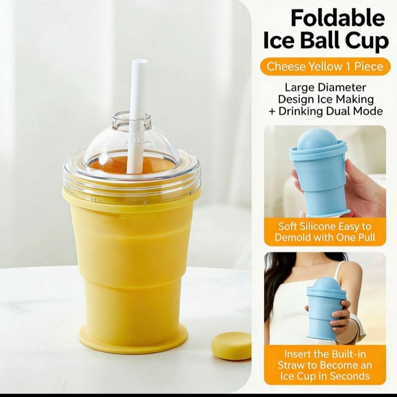 New Portable Foldable Ice Ball Cup with Built-in Straw, Food-Grade Silicone Ice Maker Mold, Summer Outdoor Travel Tumbler