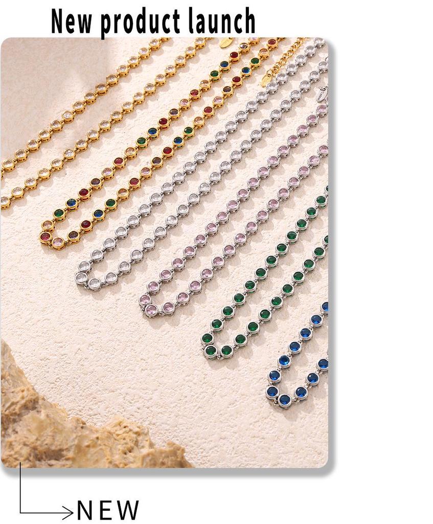 Bohemian Zircon Jewelry Set: Colorful Beads, Round Necklace & Bracelet, Titanium Steel with PVD Plated 18K Gold.
