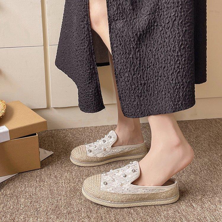 Fisherman Baotou Half Slippers Women's New Summer 2024 Korean Version Casual Outer Wear Pearl Rhinestone Thick-bottomed Straw Slippers