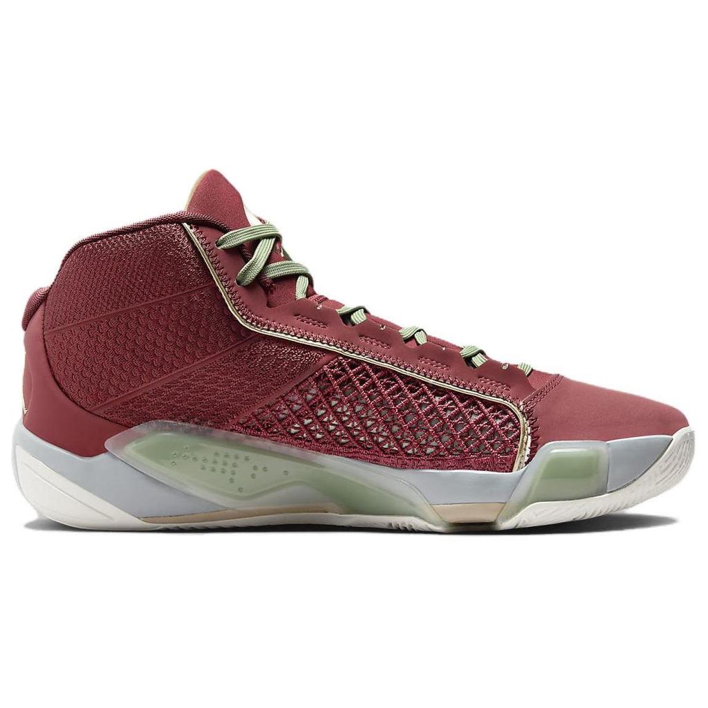 Air Jordan 38 CNY Zeder Metallisches Goldkorn Helles Bimsstein Segelöl Grün Dunkel Team Rot FQ8896-600