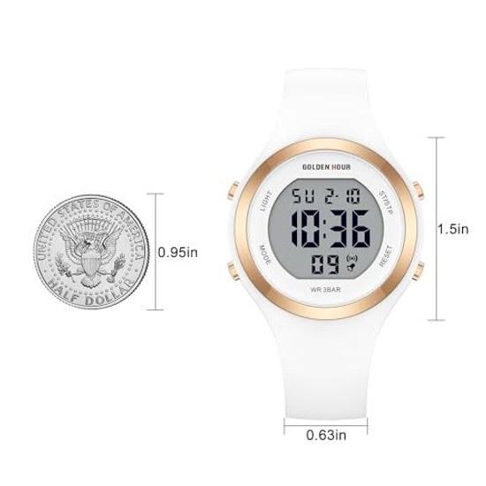 GOLDEN HOUR Waterproof Sports Ladies Digital Chronograph Silicone Strap Watch Rose Gold Starlight Milk White. Modern