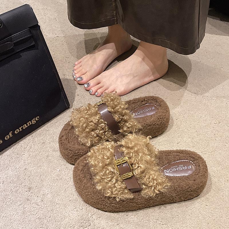 Curly Hair Thick-soled Fluffy Slippers Women's Outer Wear 2025 Autumn and Winter New Korean Version Soft-soled One-word Mop Versatile Casual Cotton Mo