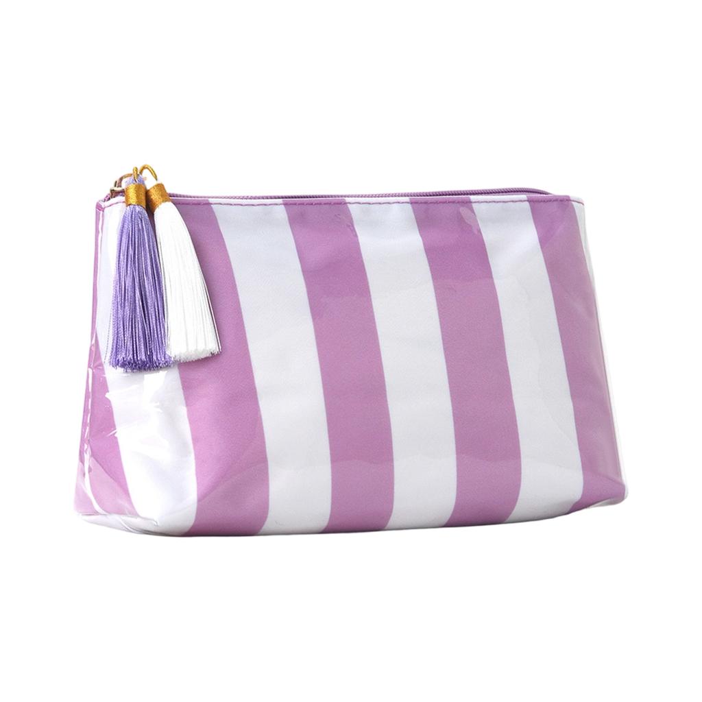 PVC Striped Cosmetic Bag Tassel Zipper Makeup Storage Pouch Waterproof Travel Toiletry Organizer Bag