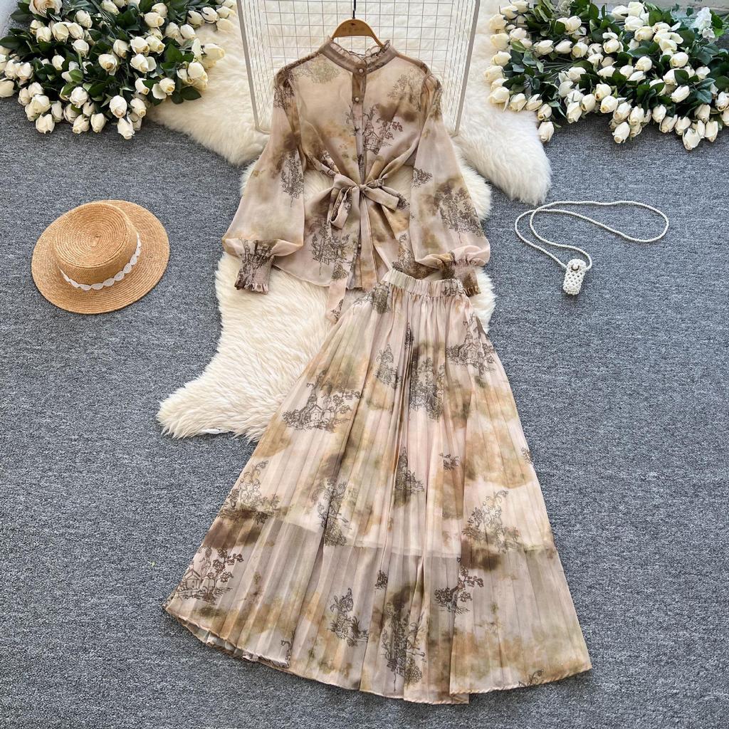 Women's French Style Tie-Waist Lantern Sleeve Chiffon Top & High-Waist Skirt Set