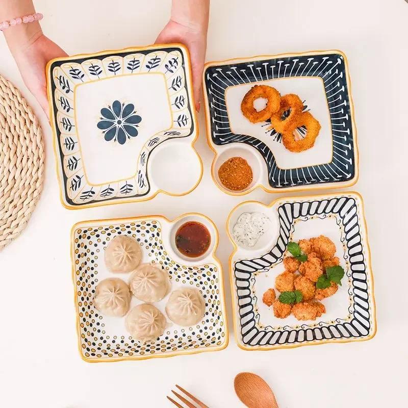 Dumpling Plate with Vinegar Dish Household Ceramic Plate Breakfast Compartment Plate High-Grade Dumpling