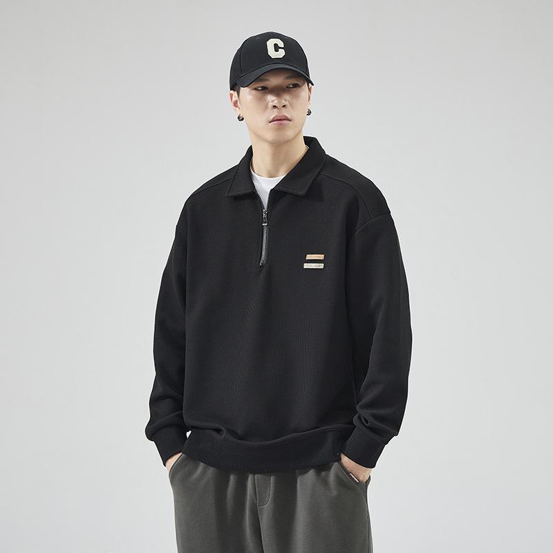 2025 Autumn/Winter Men s Loose Casual Polo Hoodie - American Style, Solid Color, Trendy Long Sleeve Lapel Shirt. M