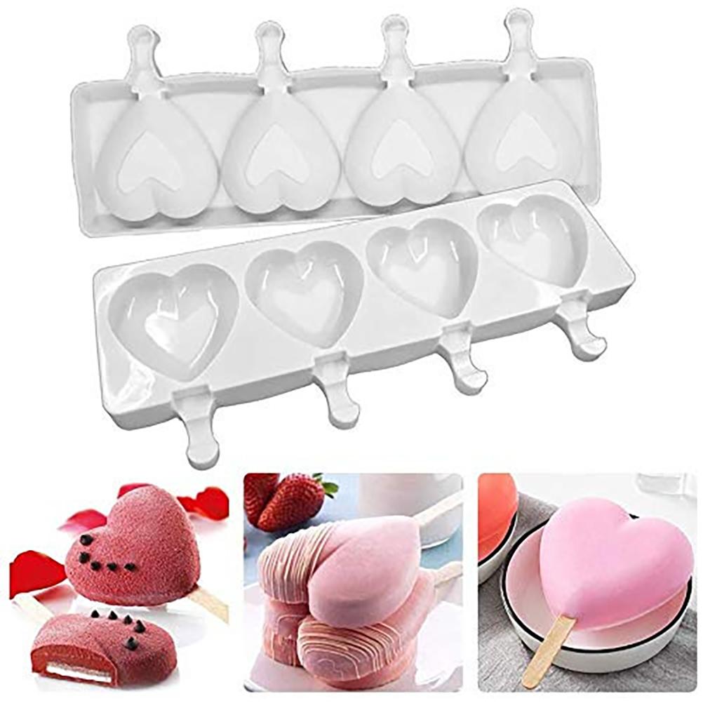 4 Cavities Ice Cream Molds 3D Heart Shape Popsicle Mold Silicone Mold for DIY Ice Cream Puree Yogurt