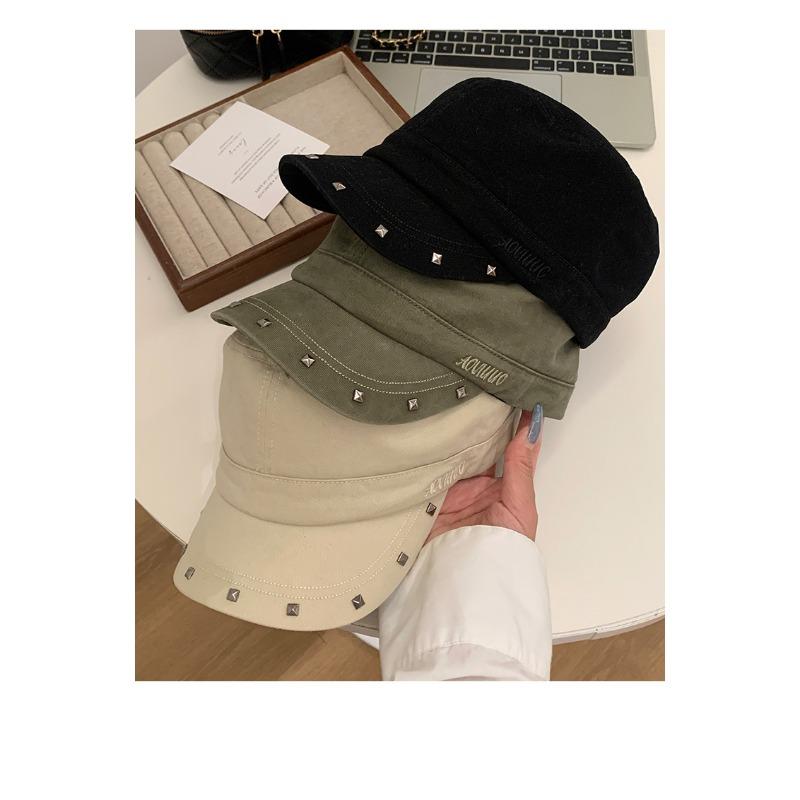 Women S Black Flat Top Beret Hat With Rivets Vintage Street Style Washable Casual