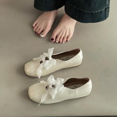 Bow Light Mouth Fashionable Retro Ribbon Mary Jane Single Shoes Women's Summer Lace Comfortable Commuting Breathable Flats